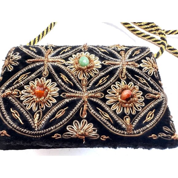 Vintage Embroidered Zardozi  Design Velvet Mini‎ Crossbody Bag Braided Strap - Picture 1 of 16